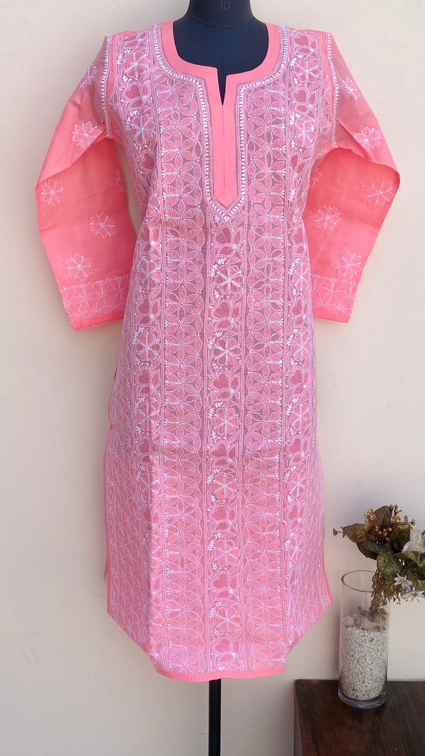Lucknowi Chikankari Kurti Pink Cotton With Jaali Work