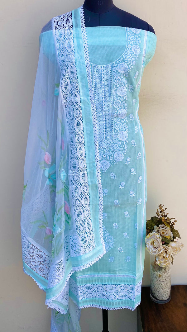 Designer Embroidered Suit Length 3 Piece Blue Linen With Sequence Work