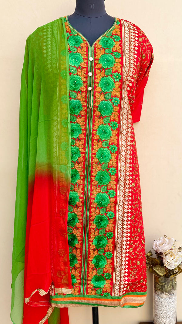 Designer Embroidered Suit Length 3 Piece Red Mal Cotton