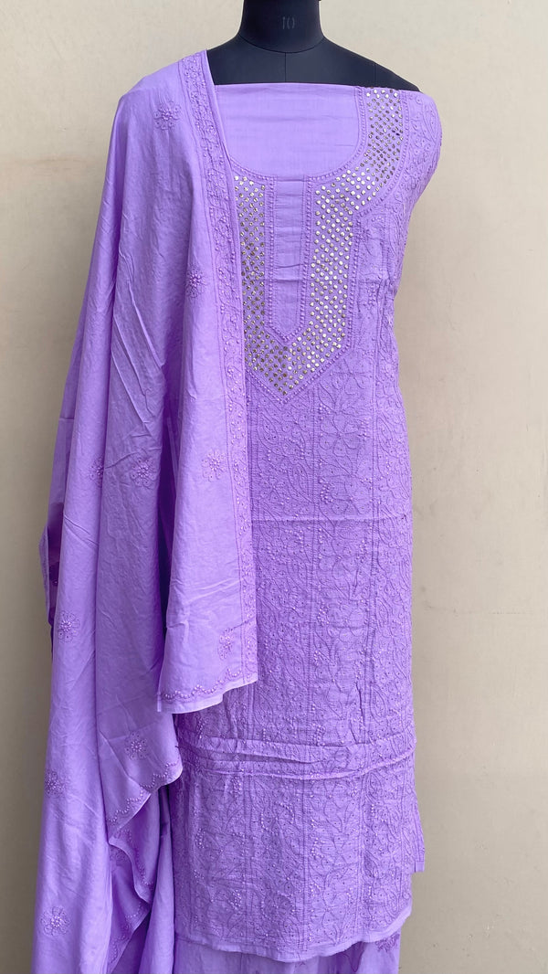 Lucknowi Chikankari Suit Length 2 Piece Purple Mulmul Cotton  With Mukaish Work