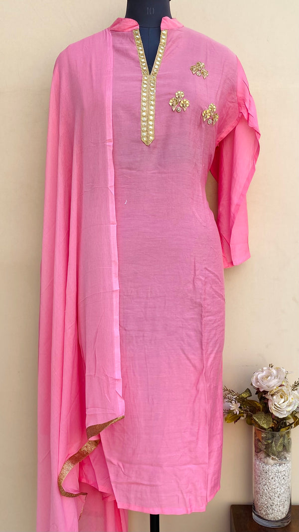 Designer Embroidered Suit Length 3 Piece Pink Muslin Cotton