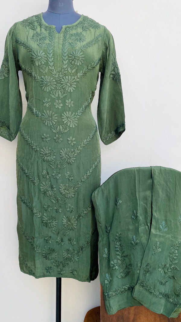Lucknowi Chikankari Co-ord Set Bottle Green Organza With Self Work