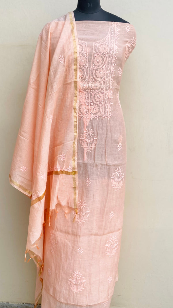 Lucknowi Chikankari Suit Length 2 Piece Peach Mal Chanderi