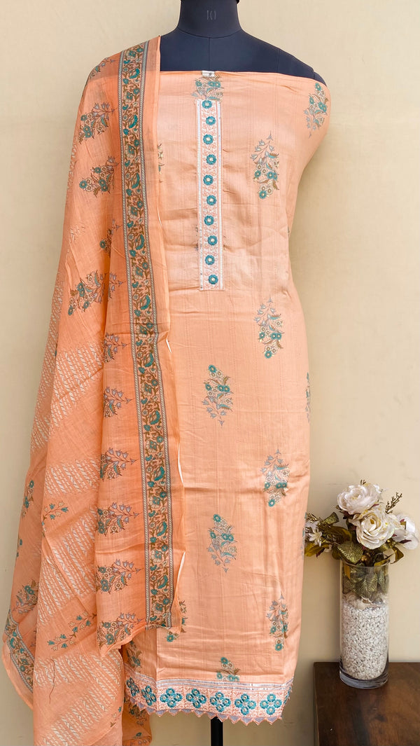 Designer Embroidered Suit Length 3 Piece Peach Mal Cotton