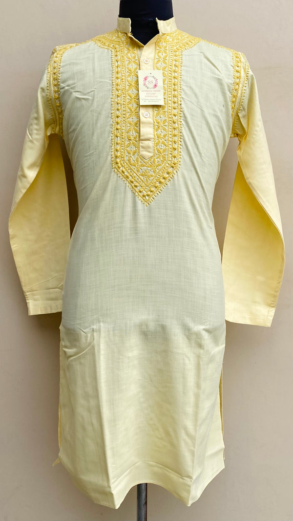 Lucknowi Chikankari Men’s Kurta Yellow Cotton