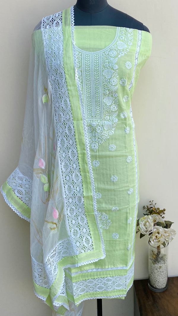 Designer Embroidered Suit Length 3 Piece Parrot Green Linen With Sequence Work