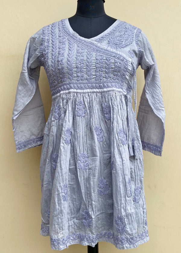 Lucknowi Chikankari Self Angrakha Short Kurti Gray Mal Chanderi With 3D Work