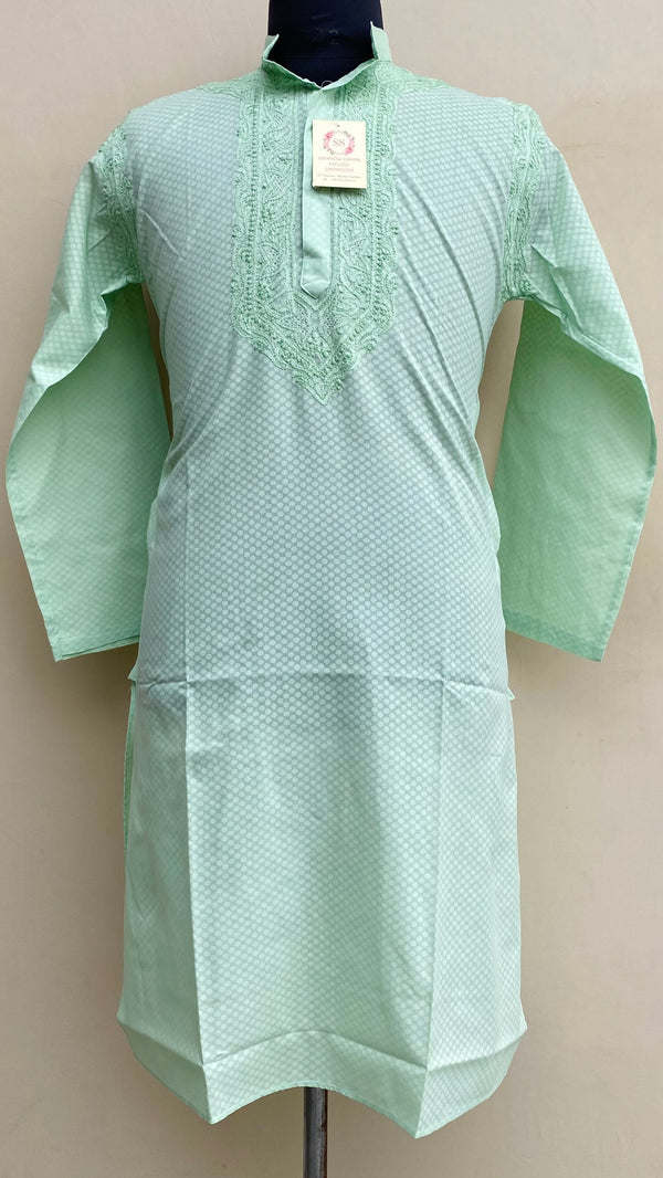 Lucknowi Chikankari Men’s Kurta Pista Green Cotton With Jaali Work