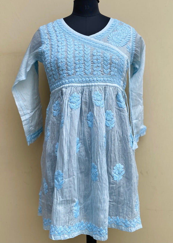 Lucknowi Chikankari Self Angrakha Short Kurti Blue Mal Chanderi With 3D Work