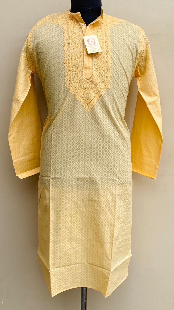 Lucknowi Chikankari Men’s Kurta Yellow Cotton With Jaali Work