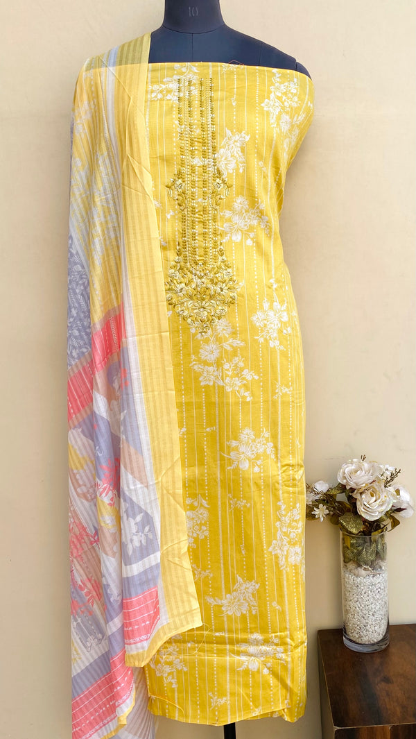 Designer Embroidered Suit Length 3 Piece Yellow Mal Cotton