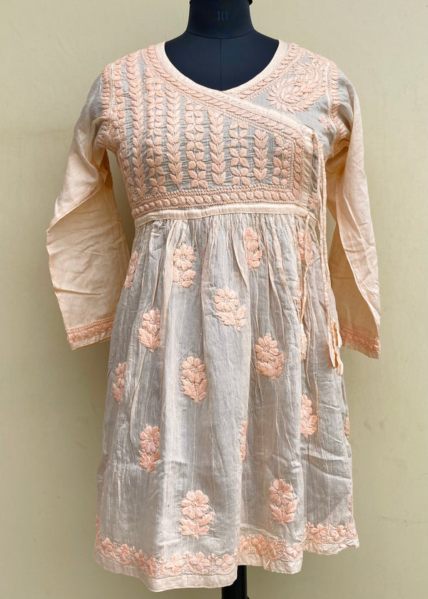 Lucknowi Chikankari Self Angrakha Short Kurti Peach Mal Chanderi With 3D Work