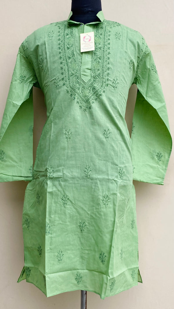 Lucknowi Chikankari Men’s Kurta Green Cotton With Jaali Work