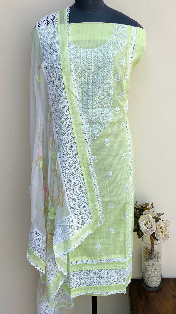 Designer Embroidered Suit Length 3 Piece Parrot Green Linen With Sequence Work