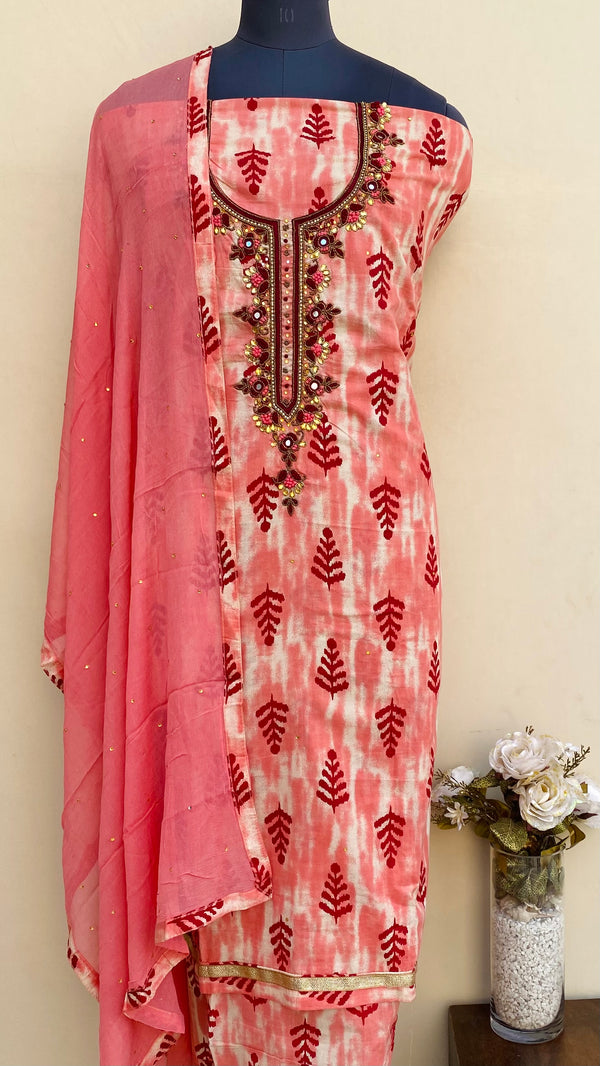 Designer Embroidered Suit Length 3 Piece Pink Mal Cotton With Pearl Work