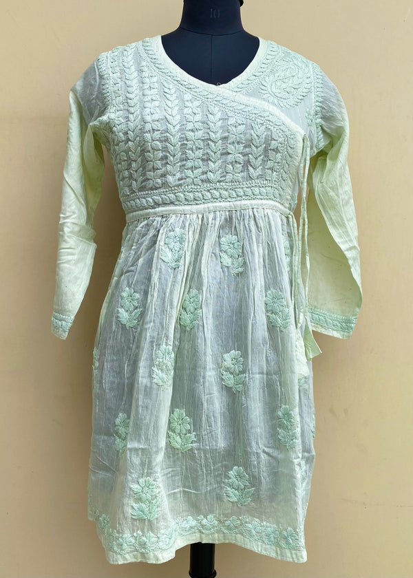 Lucknowi Chikankari Self Angrakha Short Kurti Pista Green Mal Chanderi With 3D Work