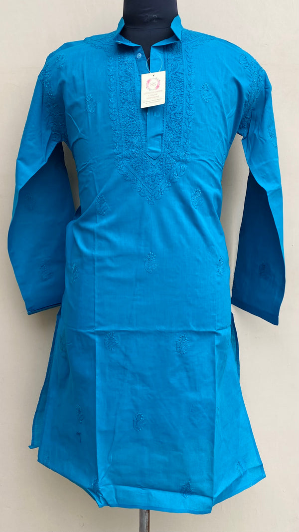 Lucknowi Chikankari Men’s Kurta Blue Cotton With Jaali Work