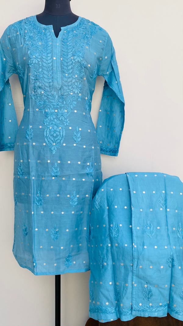 Lucknowi Chikankari Co-ord Set Blue Mal Chanderi With Self Work