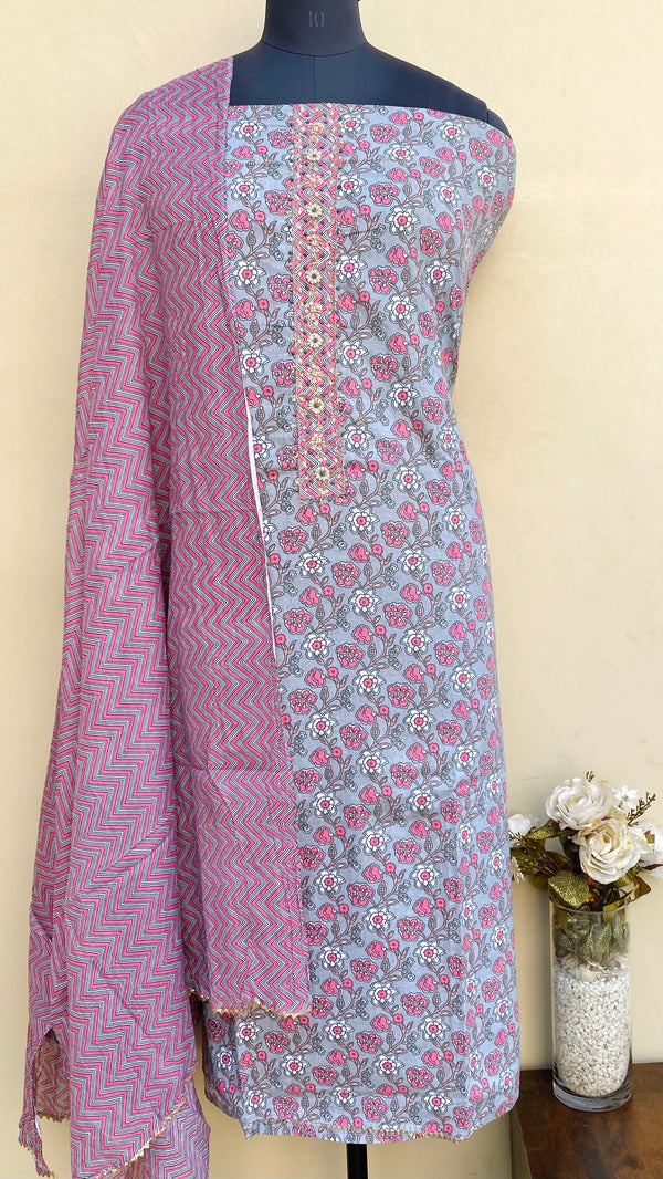 Designer Embroidered Suit Length 3 Piece Gray Mal Cotton With Pearl Work