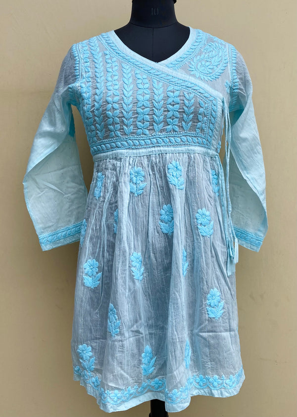 Lucknowi Chikankari Self Angrakha Short Kurti Blue Mal Chanderi With 3D Work