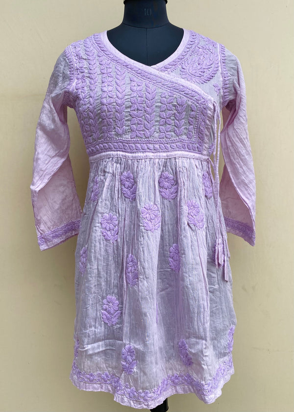 Lucknowi Chikankari Self Angrakha Short Kurti Purple Mal Chanderi With 3D Work