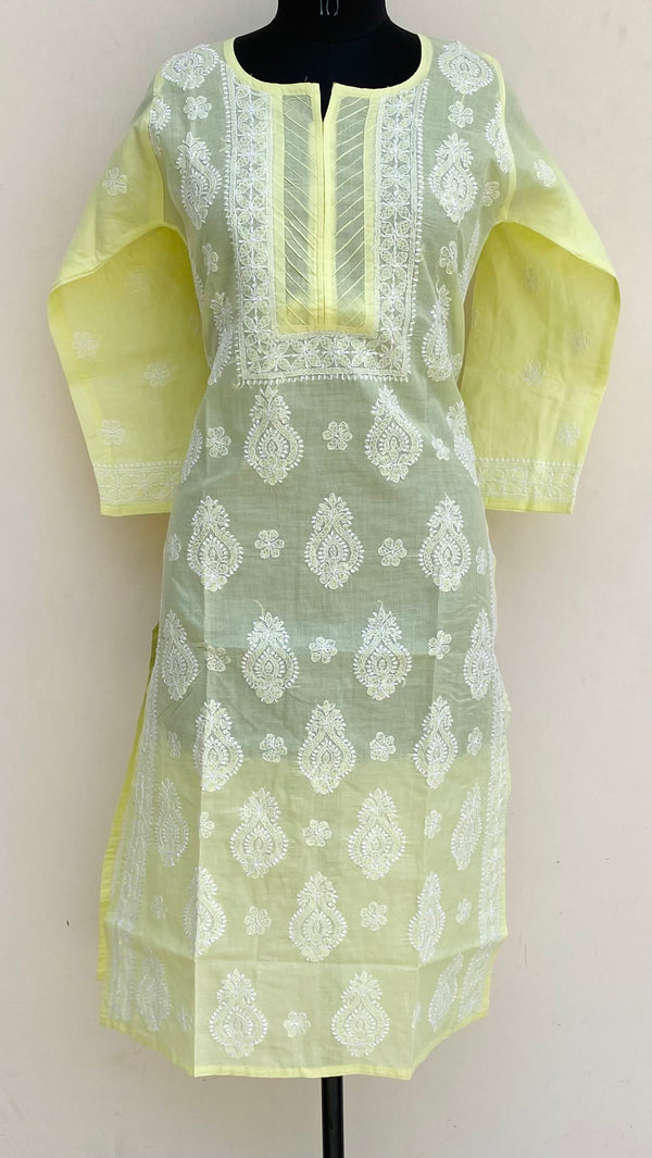 Lucknowi Chikankari Kurti Lemon Yellow Cotton