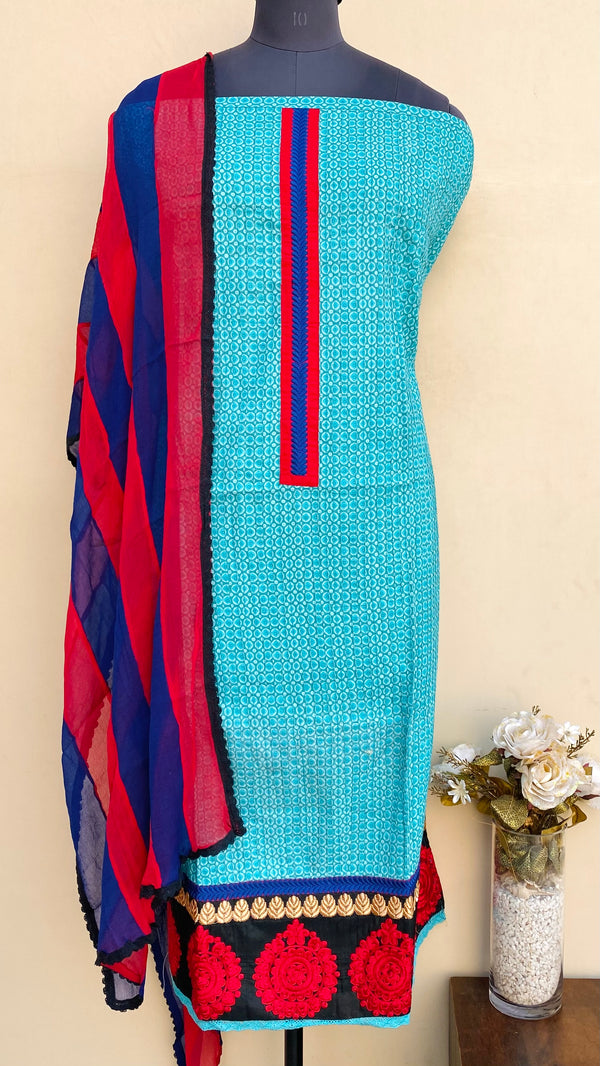 Designer Embroidered Suit Length 3 Piece Blue Mal Cotton