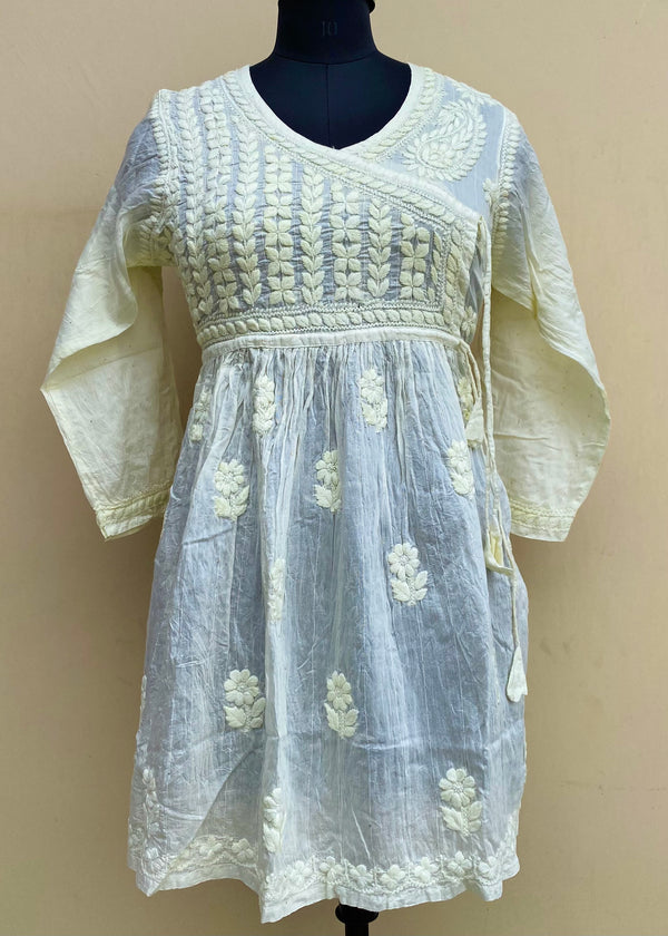 Lucknowi Chikankari Self Angrakha Short Kurti Lemon Yellow Mal Chanderi With 3D Work