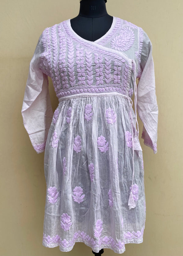 Lucknowi Chikankari Self Angrakha Short Kurti Pink Mal Chanderi With 3D Work