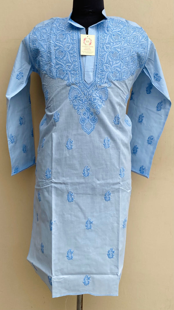 Lucknowi Chikankari Men’s Kurta Blue Cotton With Jaali Work