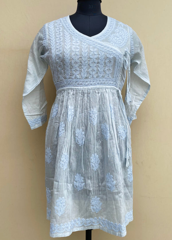 Lucknowi Chikankari Self Angrakha Short Kurti Powder Blue Mal Chanderi With 3D Work