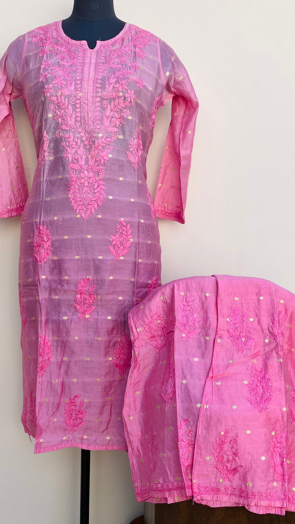 Lucknowi Chikankari Ombre Co-ord Set Pink Mal Chanderi With Self Work