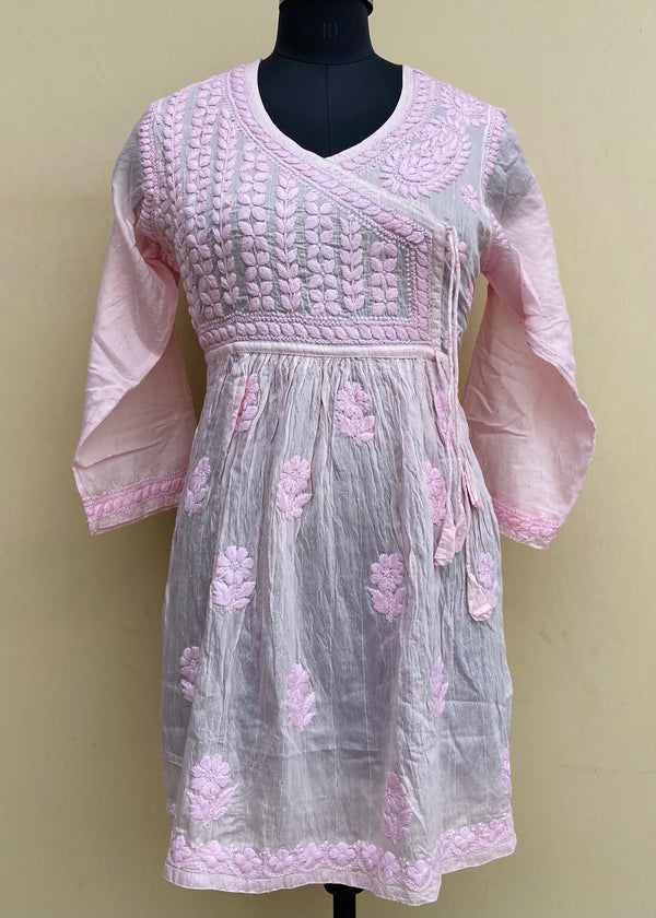 Lucknowi Chikankari Self Angrakha Short Kurti Pink Mal Chanderi With 3D Work