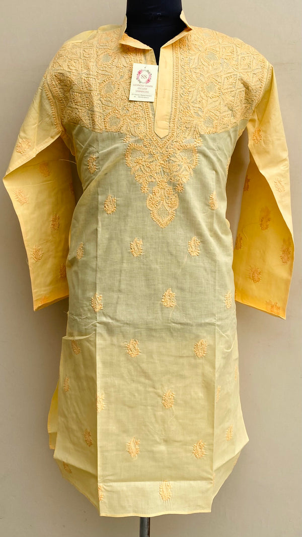 Lucknowi Chikankari Men’s Kurta Yellow Cotton With Jaali Work