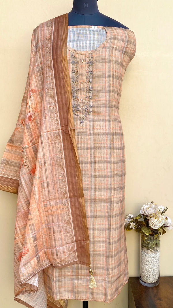 Designer Embroidered Suit Length 3 Piece Beige Mal Chanderi With Cutdana Work