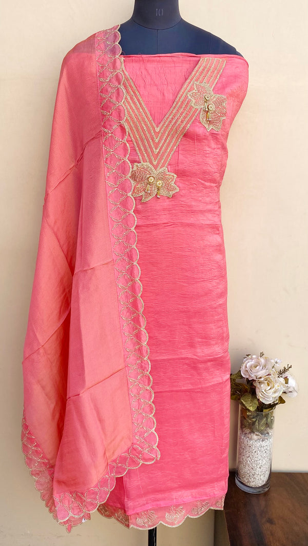 Designer Embroidered Suit Length 3 Piece Pink Organza