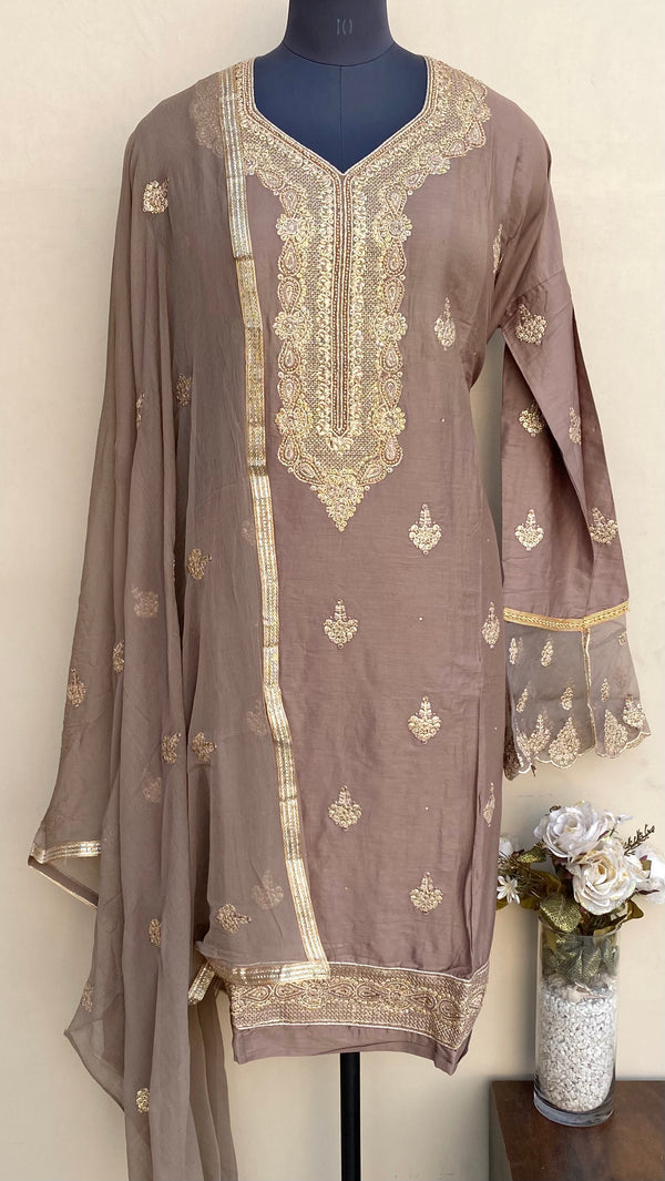 Designer Embroidered Suit Length 3 Piece Brown Muslin Cotton