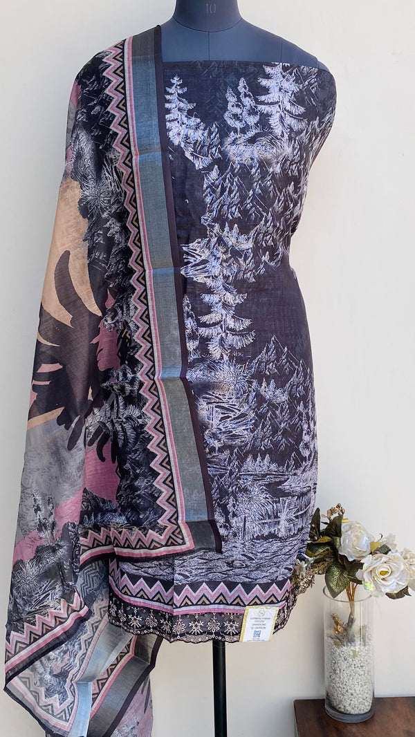 Designer Embroidered Suit Length 3 Piece Black Linen
