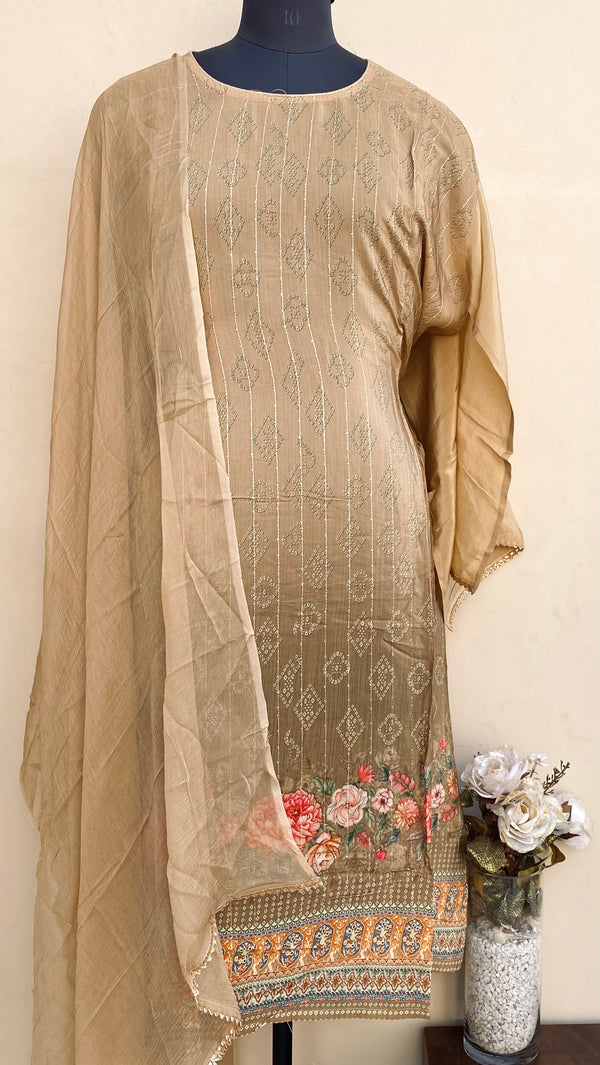 Designer Embroidered Suit Length 3 Piece Beige Muslin Cotton