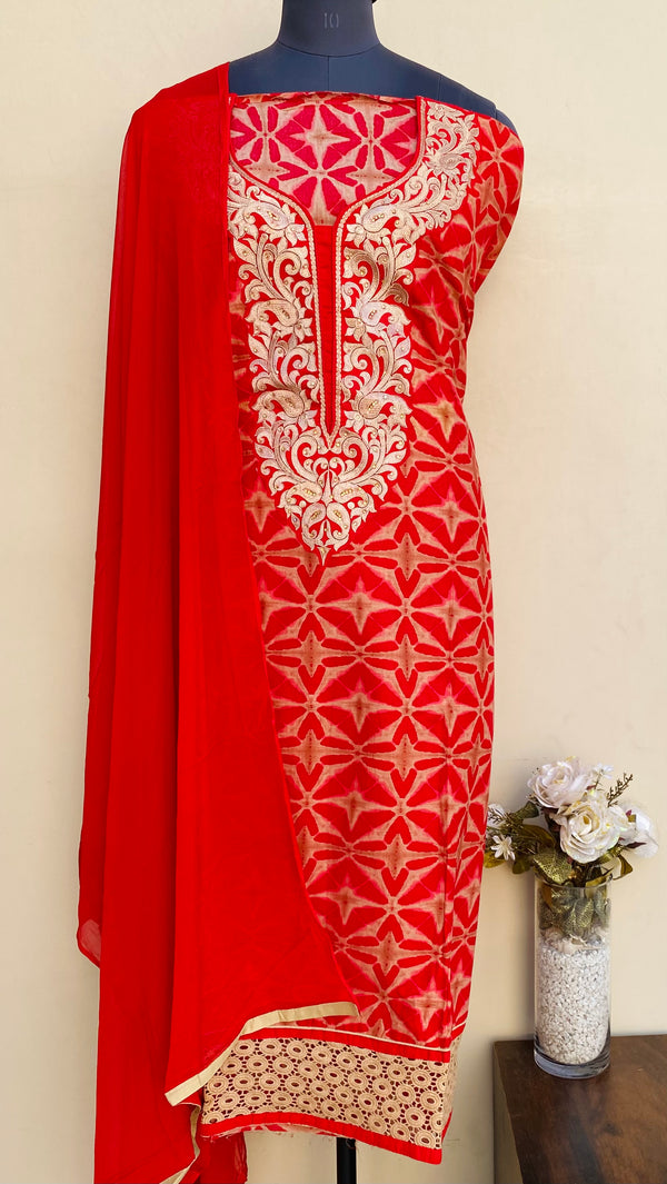 Designer Embroidered Suit Length 3 Piece Red Mal Cotton