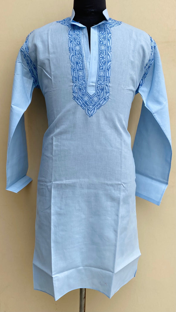 Lucknowi Chikankari Men’s Kurta Blue Cotton With Jaali Work