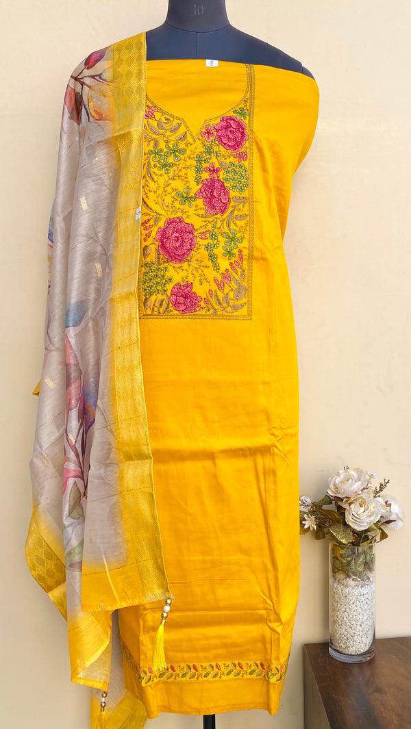 Designer Embroidered Suit Length 3 Piece Yellow Muslin Cotton