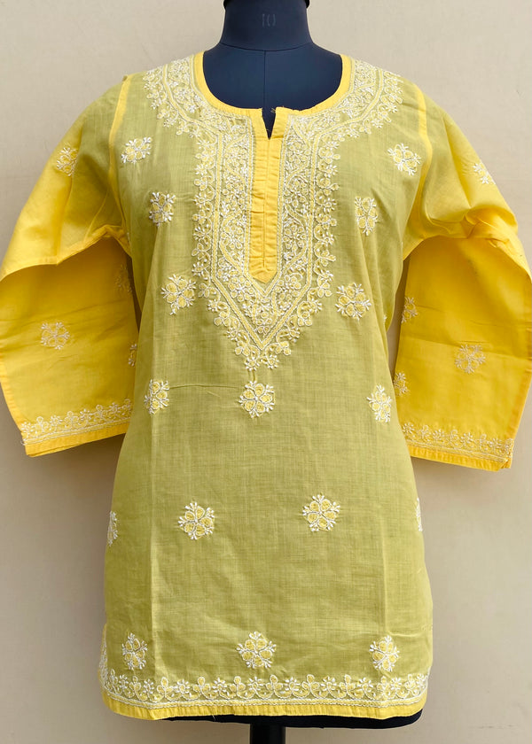 Lucknowi Chikankari Short Kurti Yellow Cotton