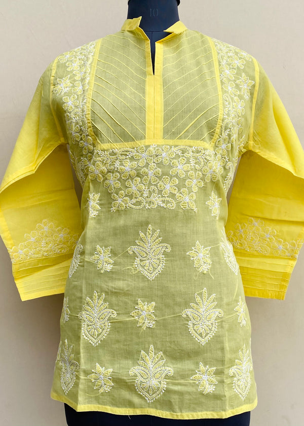 Lucknowi Chikankari Short Kurti Yellow Cotton