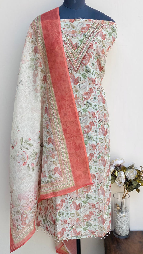 Designer Embroidered Suit Length 3 Piece Cream Linen With Pearl & Sequence Work