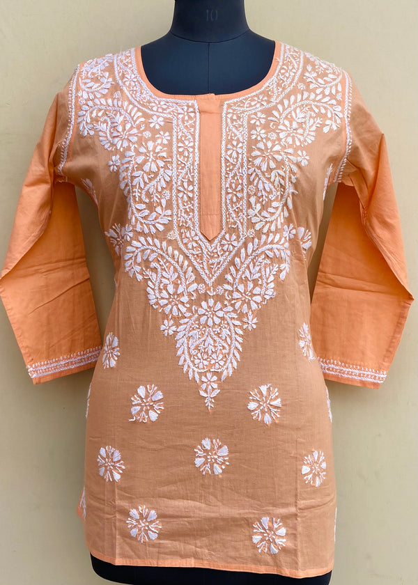 Lucknowi Chikankari Short Kurti Peach Cotton