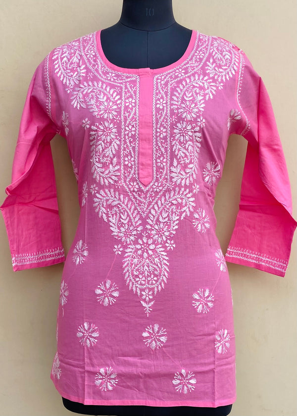 Lucknowi Chikankari Short Kurti Pink Cotton