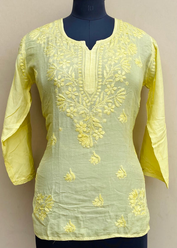 Lucknowi Chikankari Short Kurti Yellow Muslin Cotton With Self 3D Work