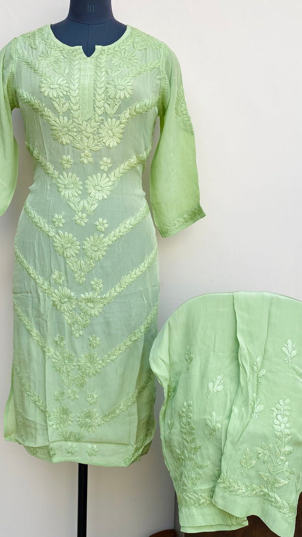 Lucknowi Chikankari Co-ord Set Green Organza With Self Work