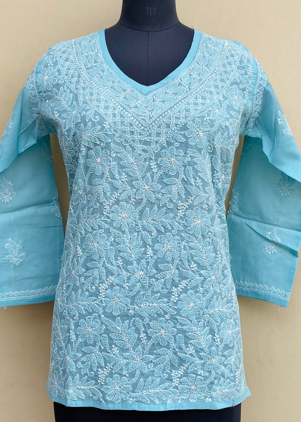 Lucknowi Chikankari Short Kurti Blue Cotton